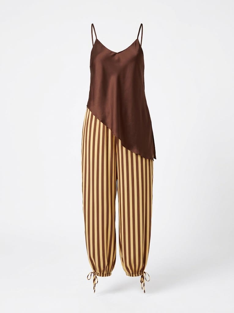 Conjunto Regata Cetim Chocolate e Calça Listrada